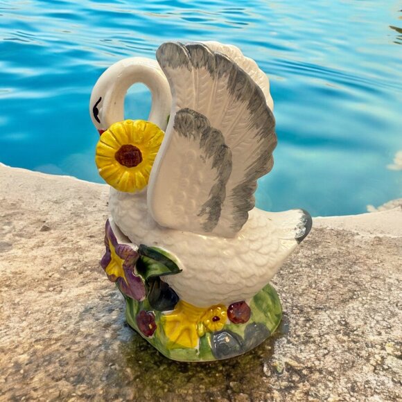 Ceramic Swan Taper Candle Holder Figurine Sunflower Hand Painted Spring Summer - Picture 1 of 9